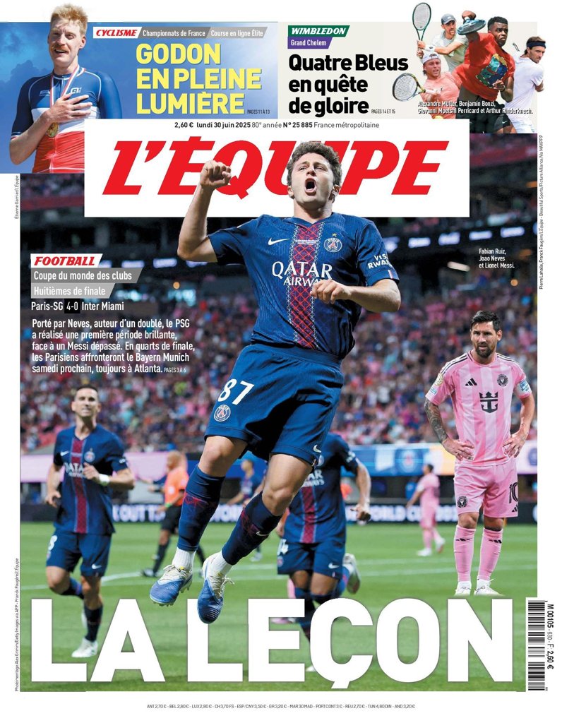 队报点评梅西：又在巴黎球员奔跑时散步 养老队从未给人赢球幻觉