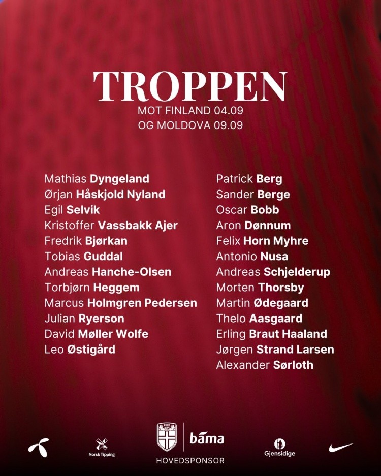 挪威国家队9月大名单：哈兰德、厄德高、鲍勃、索尔洛特在列